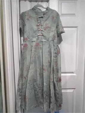 Chinese Style Green Embroidered Dress with Pink Accents fits small